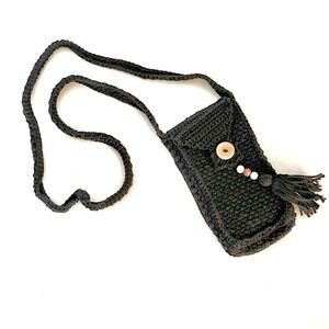 Black Crochet Mini Crossbody Bag Boho Style with Tassel